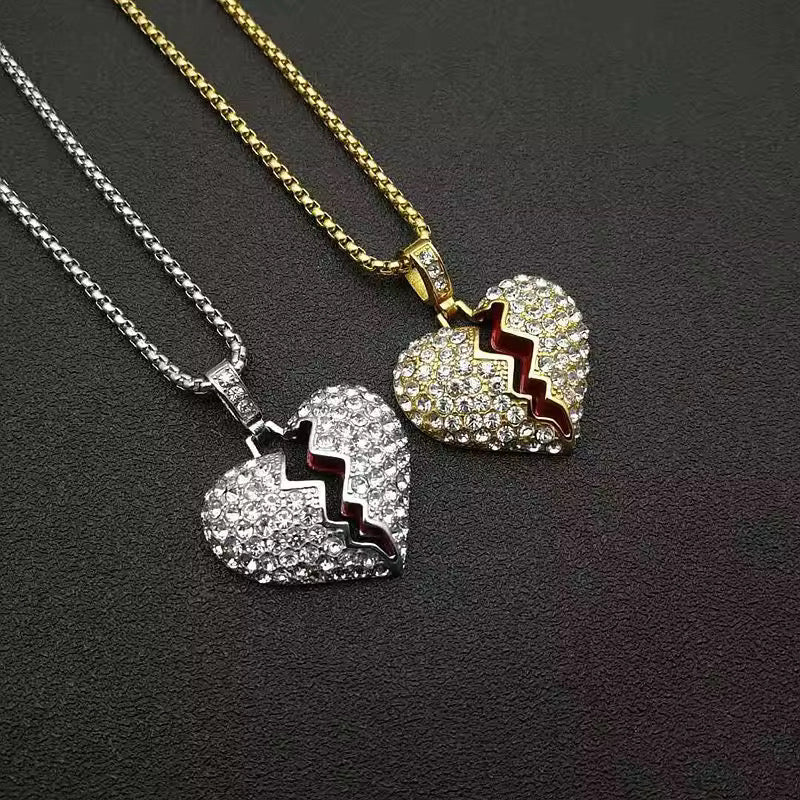Stainless Steel Iced Out Broken Heart Necklace