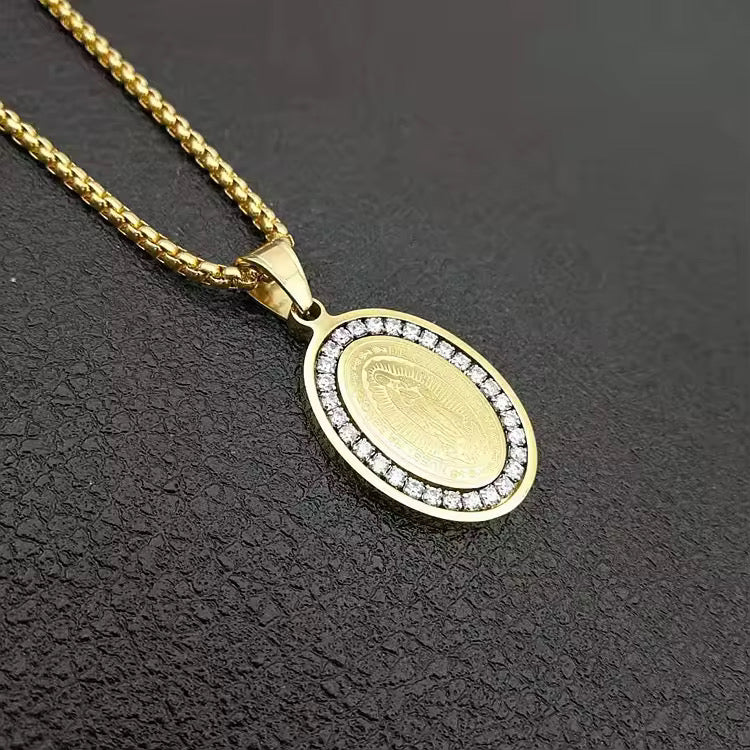 Stainless Steel Virgin Mary Necklace - Elegant Design with Diamond Finish