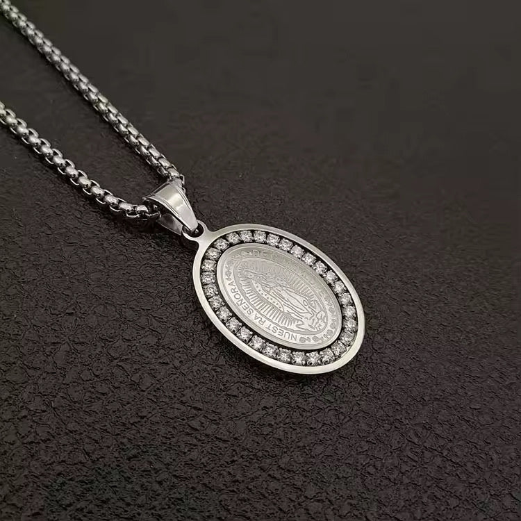Stainless Steel Virgin Mary Necklace - Elegant Design with Diamond Finish