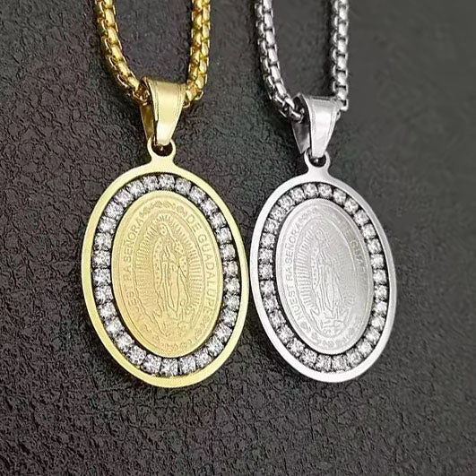 Stainless Steel Virgin Mary Necklace - Elegant Design with Diamond Finish