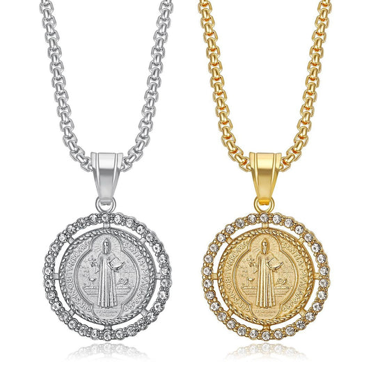 Stainless Steel Saint Benedict Pendant Necklace - Elegant Design with Diamond accent